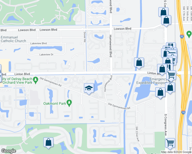 map of restaurants, bars, coffee shops, grocery stores, and more near 1740 Palm Cove Boulevard in Delray Beach