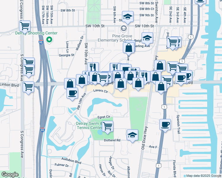 map of restaurants, bars, coffee shops, grocery stores, and more near 660 Linton Boulevard in Delray Beach