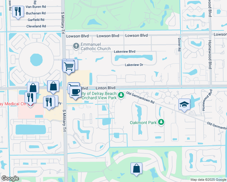 map of restaurants, bars, coffee shops, grocery stores, and more near 4600 Linton Boulevard in Delray Beach
