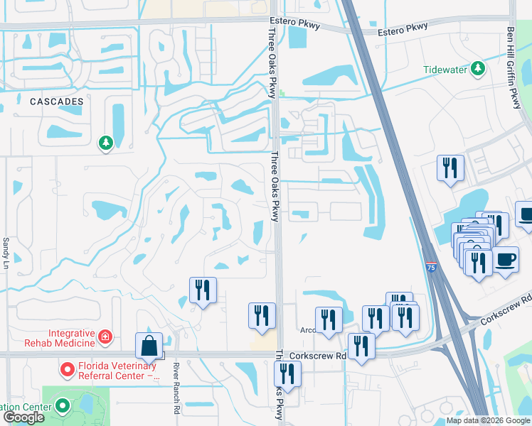 map of restaurants, bars, coffee shops, grocery stores, and more near 20708 Country Barn Drive in Estero