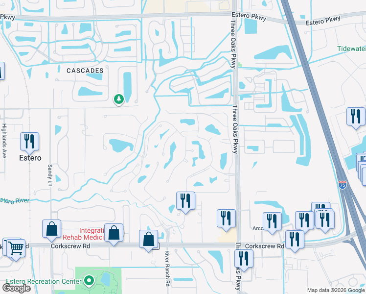 map of restaurants, bars, coffee shops, grocery stores, and more near 20700 Persimmon Place in Estero