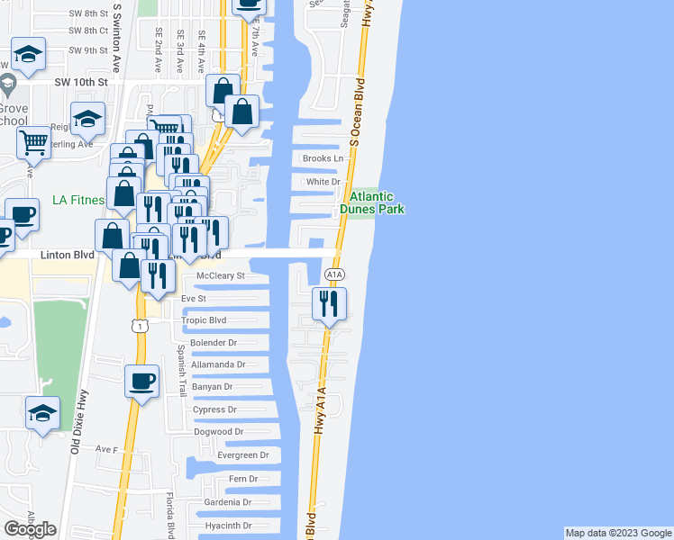 map of restaurants, bars, coffee shops, grocery stores, and more near 1839 Florida A1A in Delray Beach