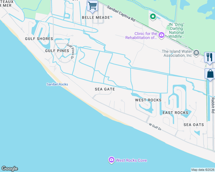 map of restaurants, bars, coffee shops, grocery stores, and more near 4150 Dingman Drive in Sanibel