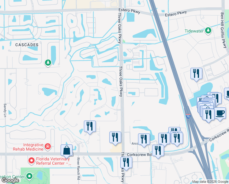 map of restaurants, bars, coffee shops, grocery stores, and more near 20708 Country Barn Drive in Estero
