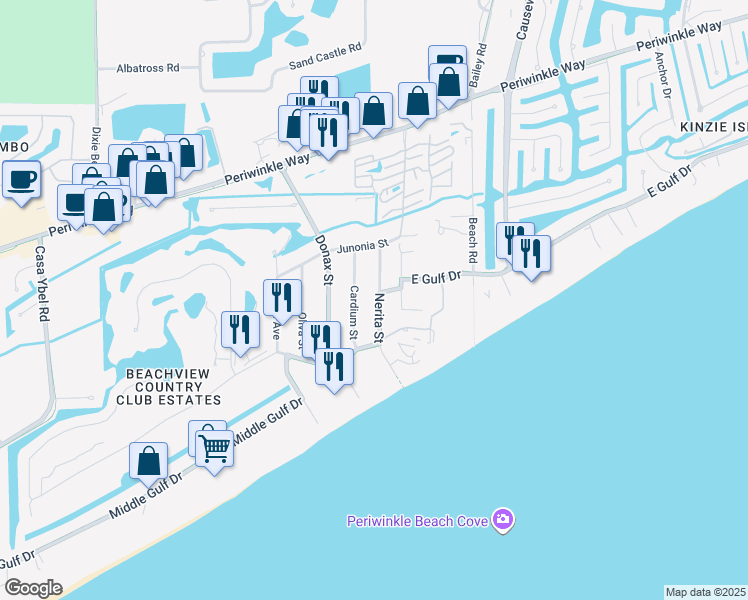 map of restaurants, bars, coffee shops, grocery stores, and more near 725 Nerita Street in Sanibel
