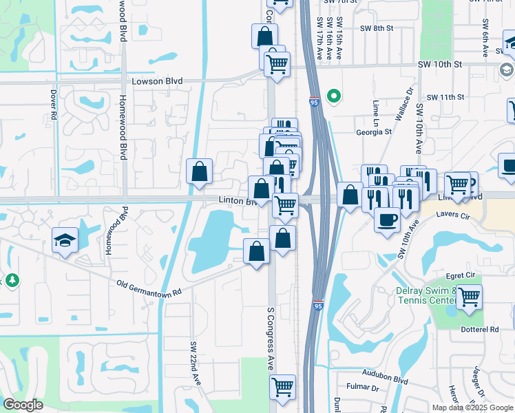 map of restaurants, bars, coffee shops, grocery stores, and more near 1575 Spring Harbor Drive in Delray Beach