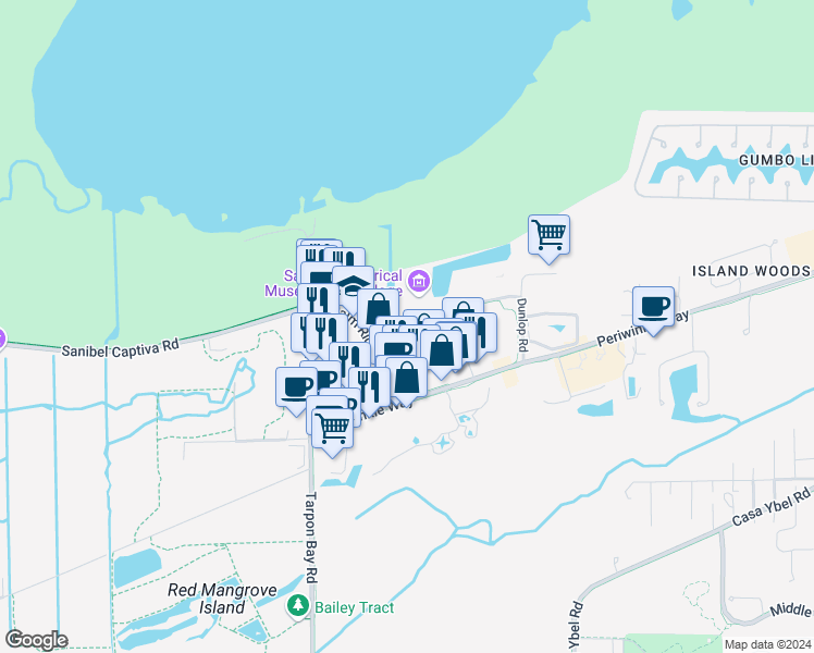 map of restaurants, bars, coffee shops, grocery stores, and more near 2320 Wooster Lane in Sanibel