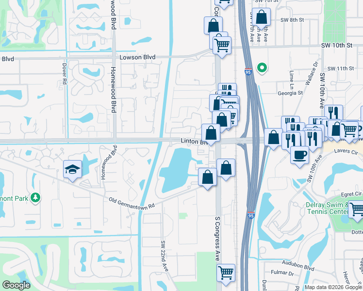 map of restaurants, bars, coffee shops, grocery stores, and more near 1605 Linton Lake Drive in Delray Beach