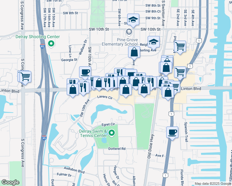 map of restaurants, bars, coffee shops, grocery stores, and more near 520 Linton Boulevard in Delray Beach