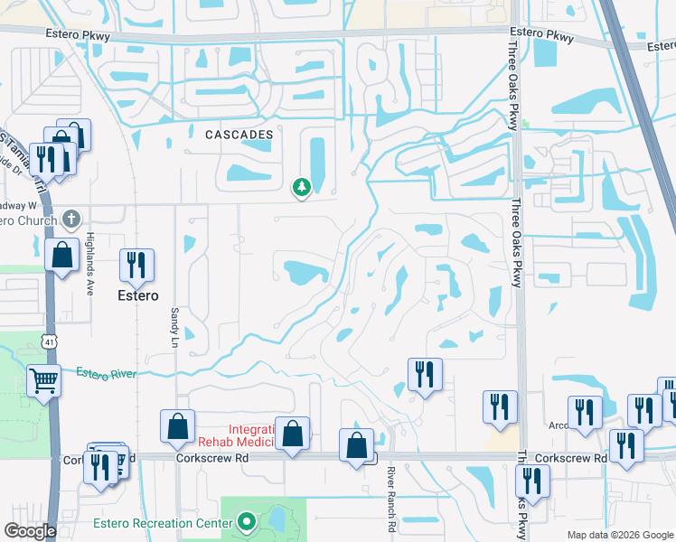 map of restaurants, bars, coffee shops, grocery stores, and more near 20271 Country Walk Way in Estero