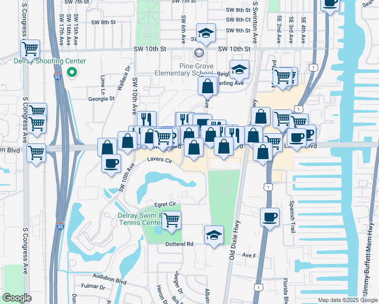 map of restaurants, bars, coffee shops, grocery stores, and more near 520 Linton Boulevard in Delray Beach
