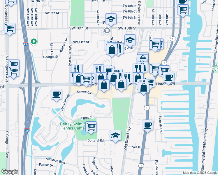 map of restaurants, bars, coffee shops, grocery stores, and more near 500 Linton Boulevard in Delray Beach