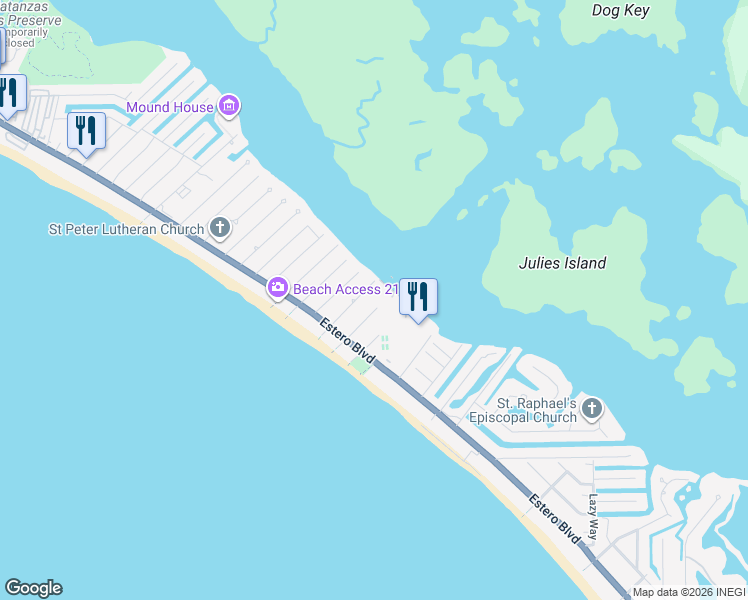 map of restaurants, bars, coffee shops, grocery stores, and more near 135 Gulfview Avenue in Fort Myers Beach