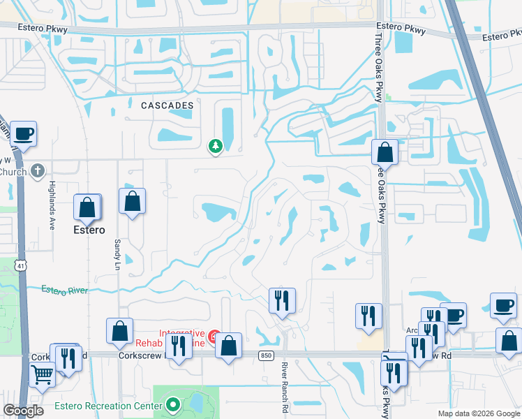 map of restaurants, bars, coffee shops, grocery stores, and more near 20271 Country Walk Way in Estero