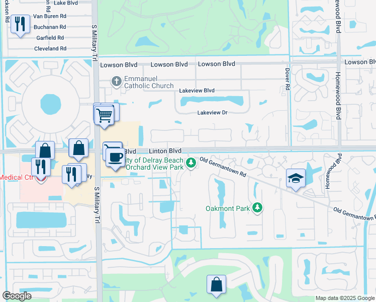 map of restaurants, bars, coffee shops, grocery stores, and more near 4600 Linton Boulevard in Delray Beach