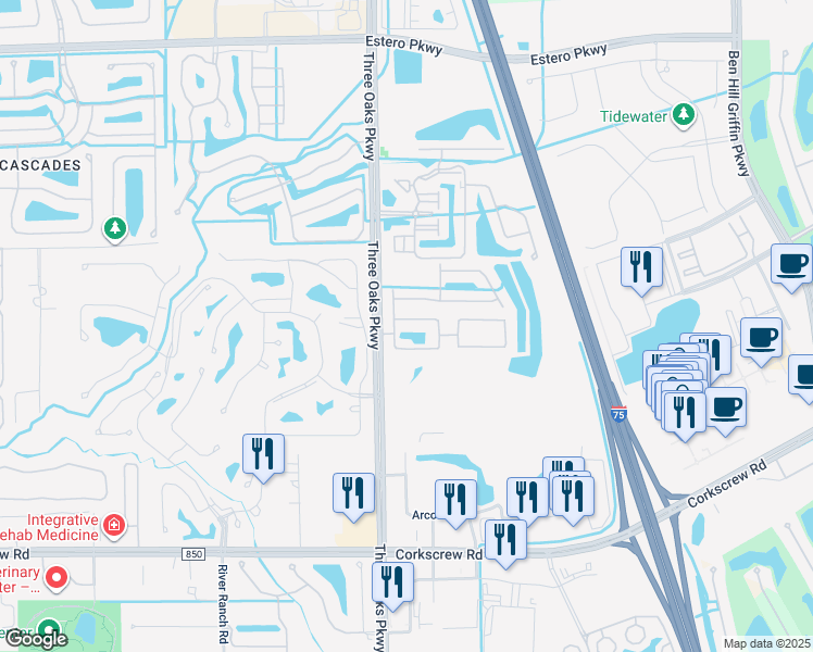 map of restaurants, bars, coffee shops, grocery stores, and more near 10109 North Golden Elm Drive in Estero