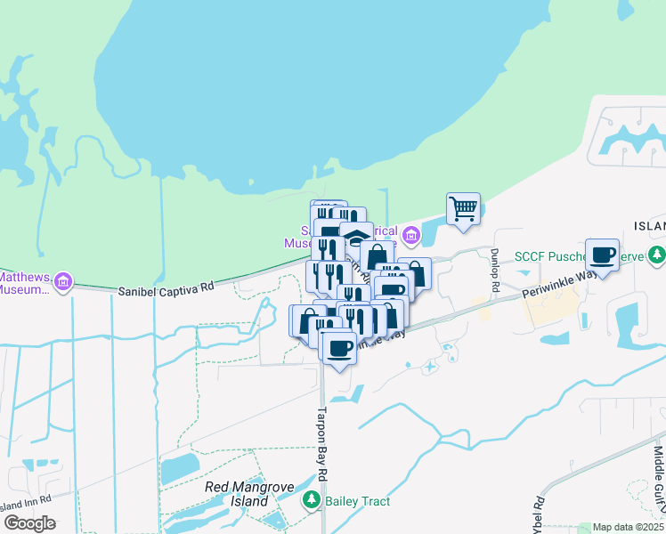 map of restaurants, bars, coffee shops, grocery stores, and more near 751 Tarpon Bay Road in Sanibel