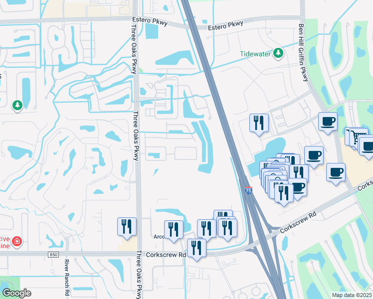 map of restaurants, bars, coffee shops, grocery stores, and more near 10131 North Silver Palm Drive in Estero