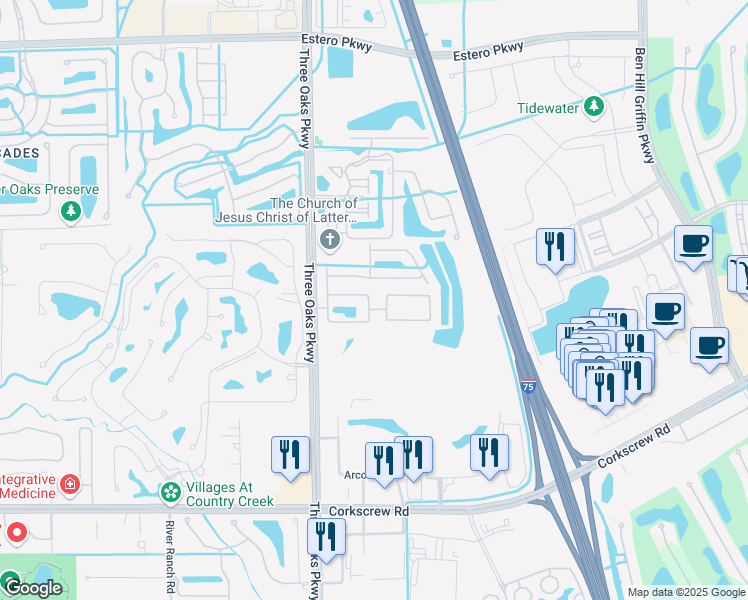 map of restaurants, bars, coffee shops, grocery stores, and more near 20609 East Golden Elm Drive in Estero
