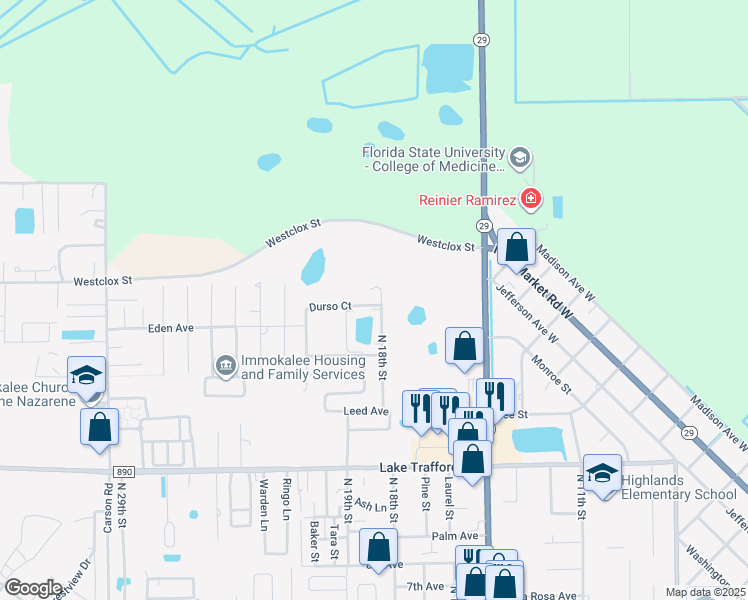 map of restaurants, bars, coffee shops, grocery stores, and more near 1258 North 18th Street in Immokalee