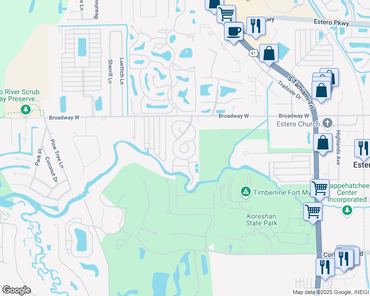 map of restaurants, bars, coffee shops, grocery stores, and more near 4101 Broadway West in Estero