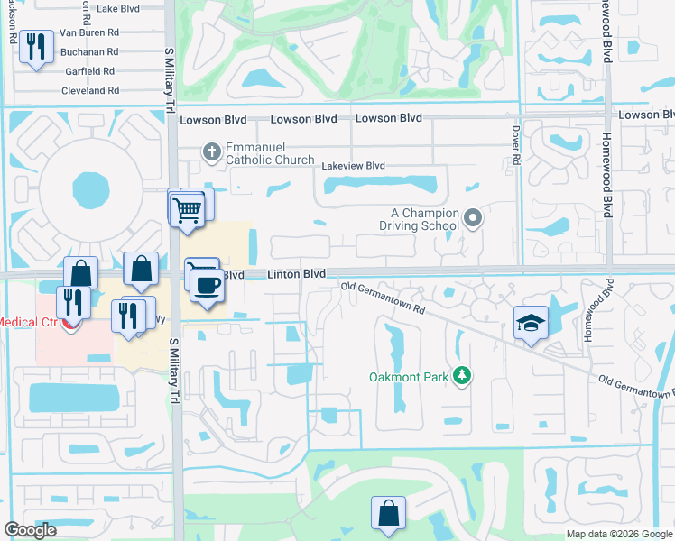 map of restaurants, bars, coffee shops, grocery stores, and more near Linton Blvd & Germantown Rd in Delray Beach