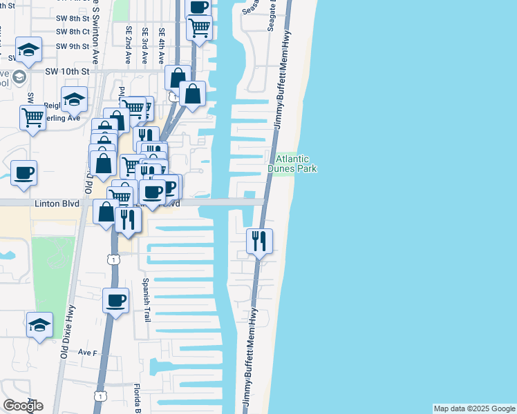 map of restaurants, bars, coffee shops, grocery stores, and more near 1708 South Ocean Boulevard in Delray Beach