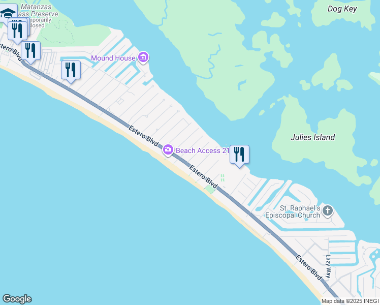map of restaurants, bars, coffee shops, grocery stores, and more near 4255 Estero Boulevard in Fort Myers Beach