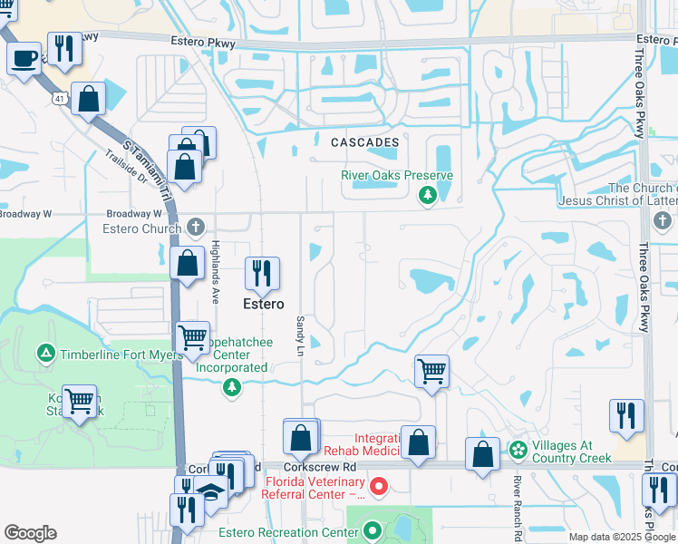 map of restaurants, bars, coffee shops, grocery stores, and more near 20601 Fruitful Drive in Estero