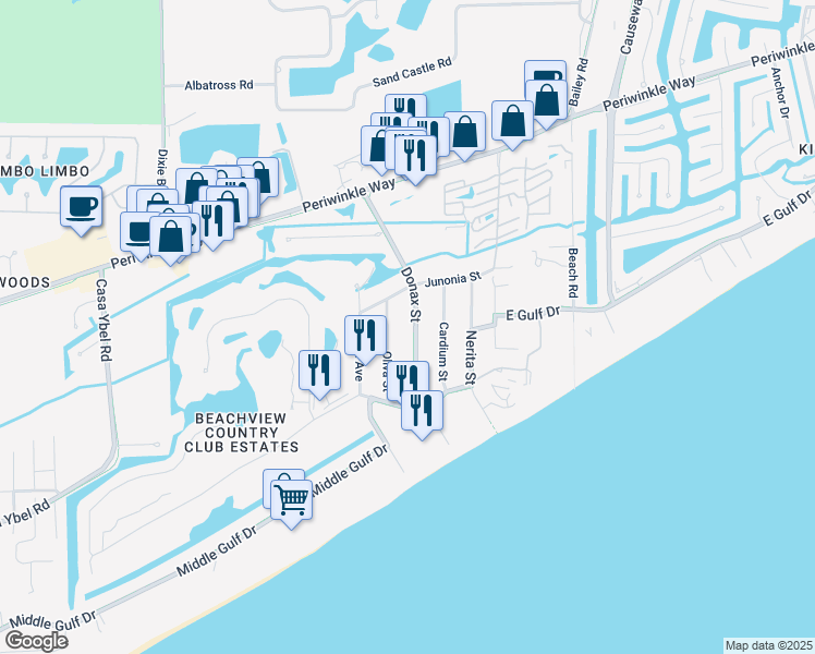map of restaurants, bars, coffee shops, grocery stores, and more near 735 Donax Street in Sanibel