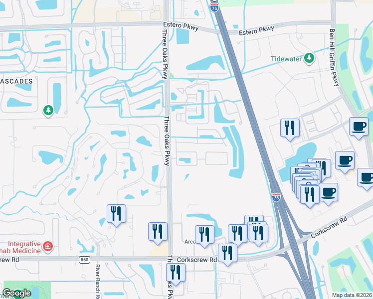 map of restaurants, bars, coffee shops, grocery stores, and more near 10120 North Golden Elm Drive in Estero