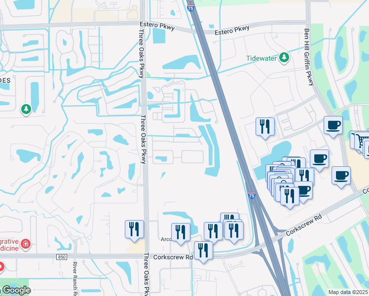 map of restaurants, bars, coffee shops, grocery stores, and more near 10108 North Silver Palm Drive in Estero