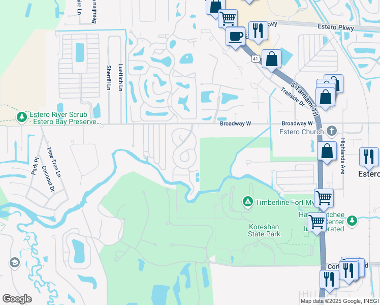 map of restaurants, bars, coffee shops, grocery stores, and more near 4101 Broadway West in Estero