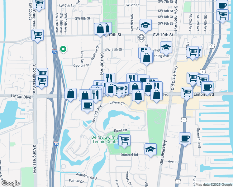 map of restaurants, bars, coffee shops, grocery stores, and more near Linton Blvd & SW 8th Ave in Delray Beach