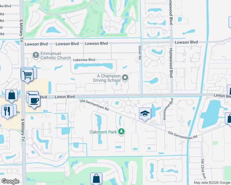 map of restaurants, bars, coffee shops, grocery stores, and more near 1565 Augusta Circle in Delray Beach