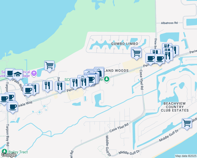 map of restaurants, bars, coffee shops, grocery stores, and more near 1940 Periwinkle Way in Sanibel