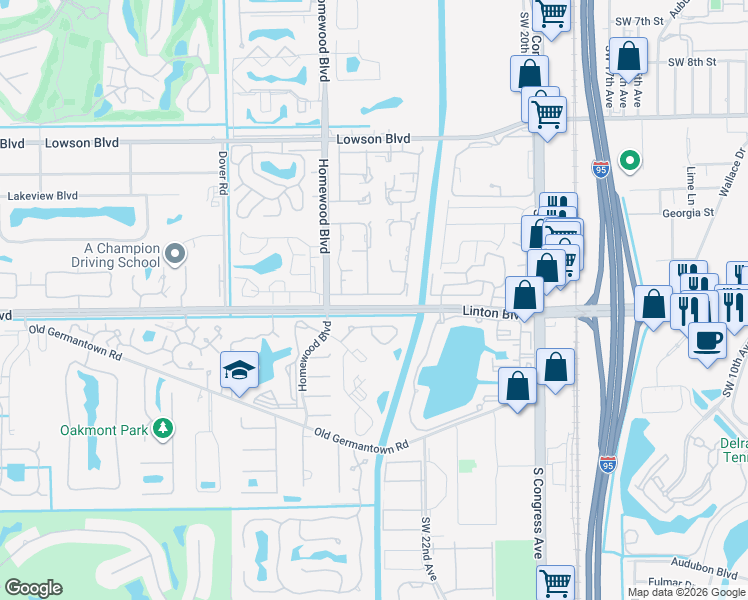 map of restaurants, bars, coffee shops, grocery stores, and more near 1151 Boxwood Drive in Delray Beach