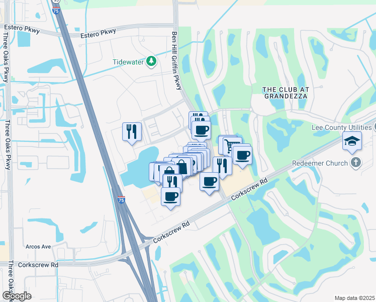 map of restaurants, bars, coffee shops, grocery stores, and more near 19530 Highland Oaks Drive in Estero