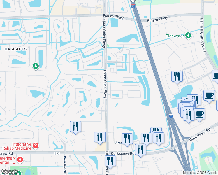 map of restaurants, bars, coffee shops, grocery stores, and more near 10100 Tin Maple Drive in Estero