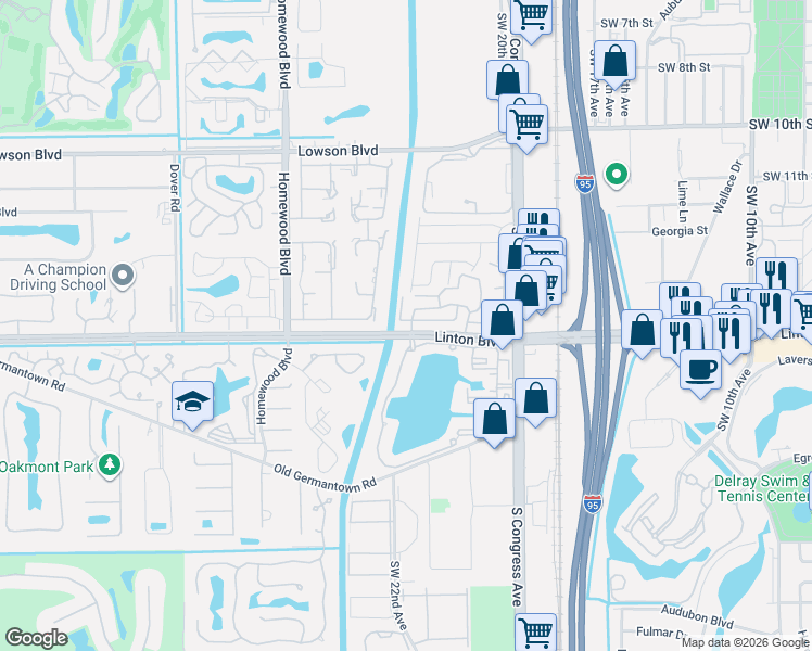 map of restaurants, bars, coffee shops, grocery stores, and more near 1602 Catherine Drive in Delray Beach
