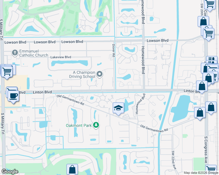 map of restaurants, bars, coffee shops, grocery stores, and more near 1600 Dover Road in Delray Beach