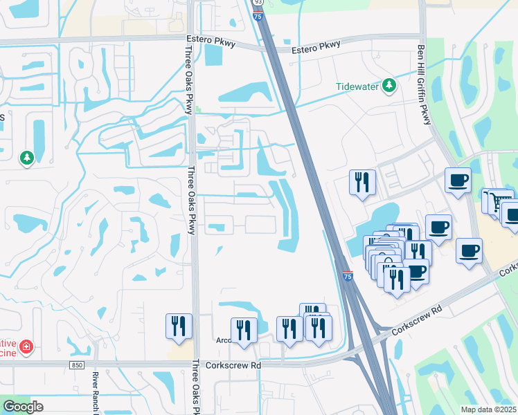 map of restaurants, bars, coffee shops, grocery stores, and more near 10211 Tin Maple Drive in Estero