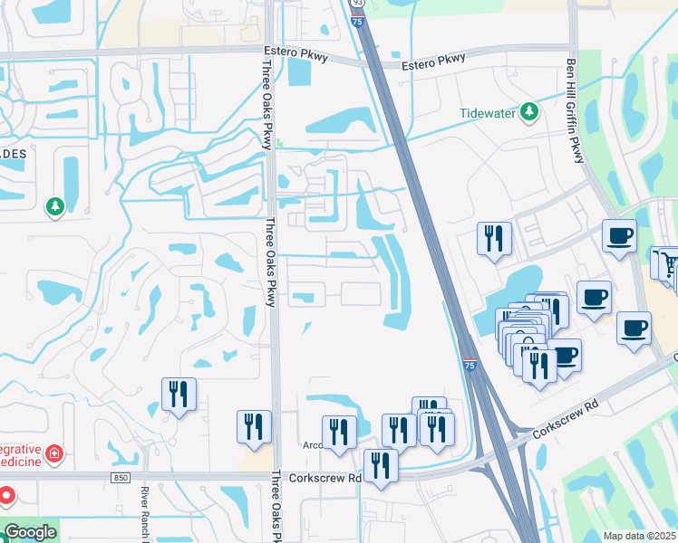 map of restaurants, bars, coffee shops, grocery stores, and more near 10171 Tin Maple Drive in Estero