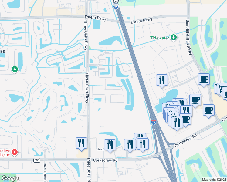 map of restaurants, bars, coffee shops, grocery stores, and more near 10191 Tin Maple Drive in Estero