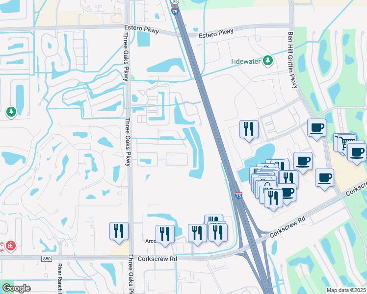 map of restaurants, bars, coffee shops, grocery stores, and more near 10230 Tin Maple Drive in Estero