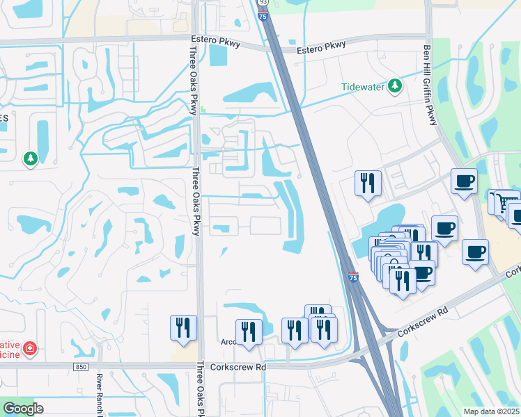 map of restaurants, bars, coffee shops, grocery stores, and more near 10230 Tin Maple Drive in Estero