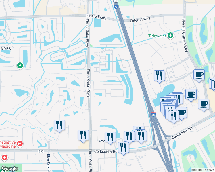 map of restaurants, bars, coffee shops, grocery stores, and more near 10170 Tin Maple Drive in Estero