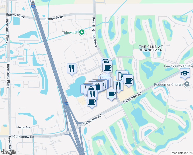 map of restaurants, bars, coffee shops, grocery stores, and more near 19530 Highland Oaks Drive in Estero