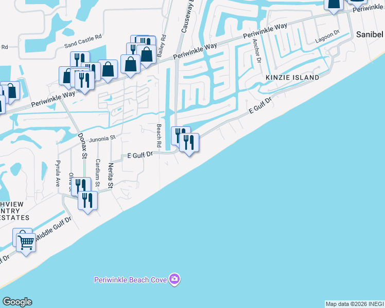 map of restaurants, bars, coffee shops, grocery stores, and more near 863 East Gulf Drive in Sanibel