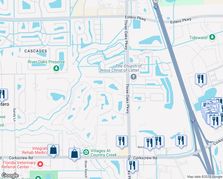 map of restaurants, bars, coffee shops, grocery stores, and more near 20611 Country Creek Drive in Estero